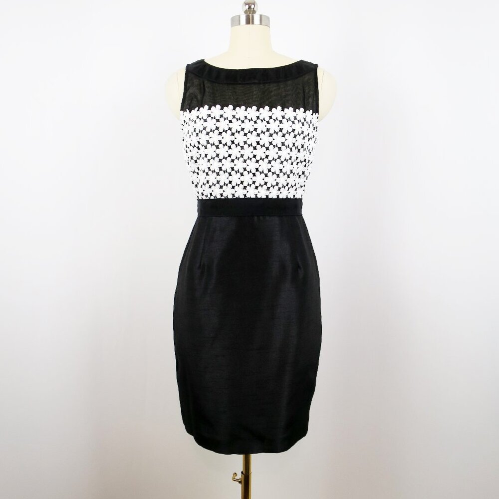 Taylor Black and White Sheer Silk Organza Floral Embroidered Bodice Dress Size 6